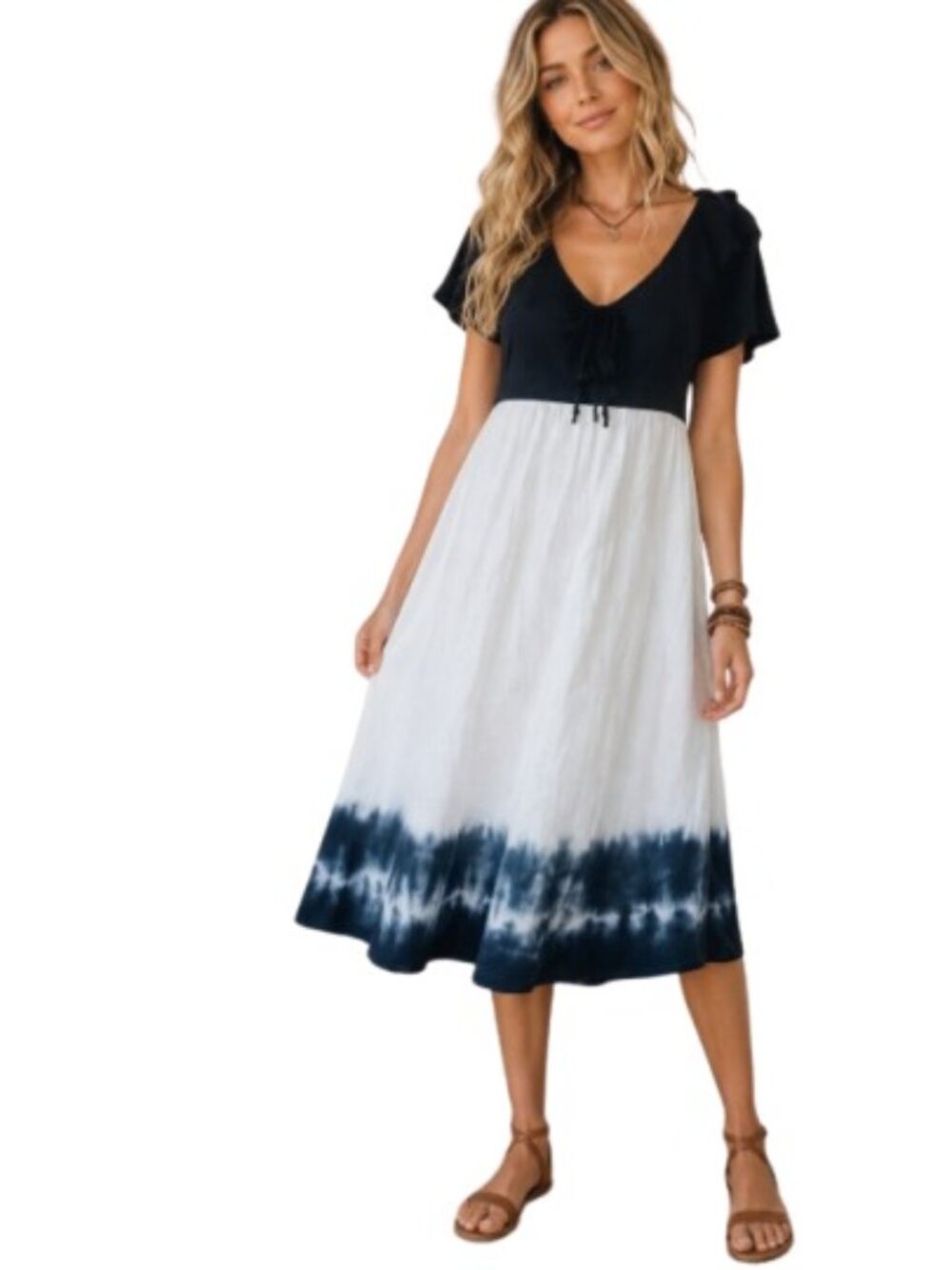 Xbaal Cancun Womens Hand woven Artisan Dress Ruffle Dip Dye Cotton Gauze L